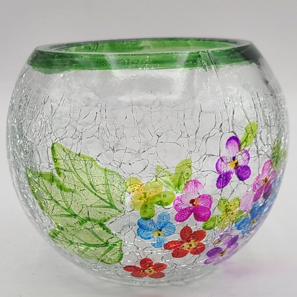 FINAL CLEARANCE Hand Painted Floral Crackle Glass Votive Candle Holder Vase 4” - Picture 3 of 9